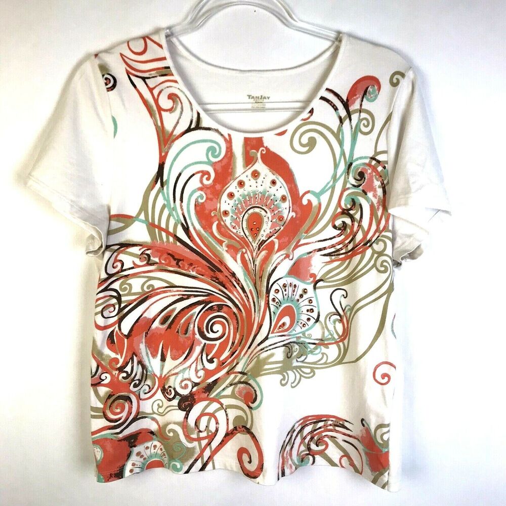 TanJay Knit Top Women's Petite Medium white Pastel Embellished Casual Stretch